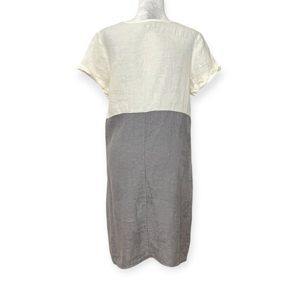 Lina Tomei Shift Dress M Italy Made Linen Colorblock White Gray Short Sleeve - Picture 2 of 10